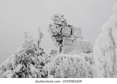 Rock cliff in winter forest is completely covered with hoarfrost. Mystical dawn in the snow-covered mountains. Natural stone statues, rock pillars, weathering posts. - Powered by Shutterstock