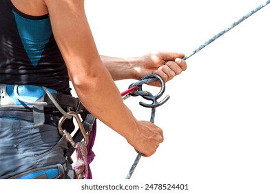 Rock climbing. Climbing belaying. A climber insures his friend. Rope, safety equipment, safety system. Professional equipment for rock climbing and mountaineering. Isolated on a white background. - Powered by Shutterstock