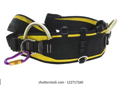 Rock Climbing Harness And Carabiner Isolated On White