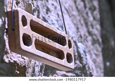 Rock climbing mobile fingerboard hanging on the wall
