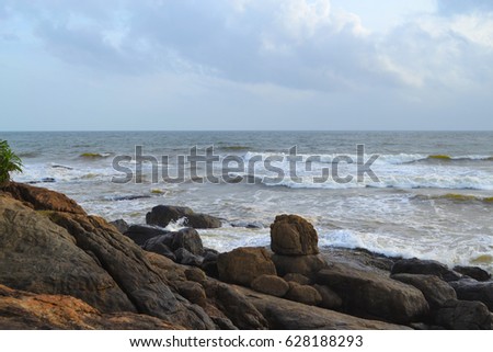 Rock coast. Big indian ocean waves. Sri Lanka