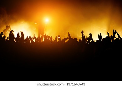 Rock Concert. Leader On The Stage. Silhouette Of The Crowd In Front Of The Stage