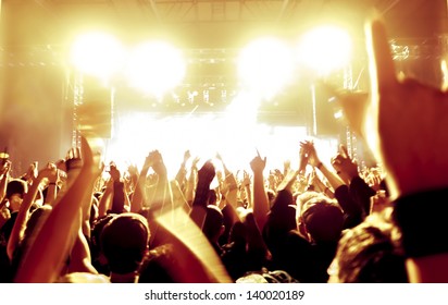 Rock Concert, Silhouettes Of Happy People Raising Up Hands