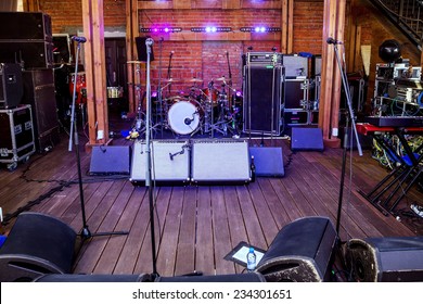 Rock Concert Stage With Musical Instruments In Nightclub