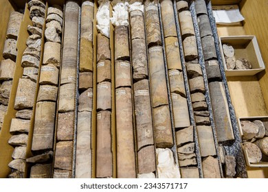Rock core samples at the Geological Survey of Northern Ireland. - Shutterstock ID 2343571717
