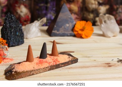 Rock Crystals With Incense And Stone Pyramid Meditation Altar 