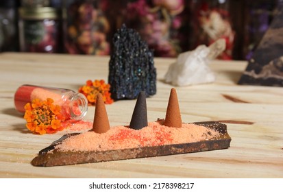 Rock Crystals With Incense And Stone Pyramid Meditation Altar