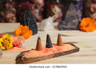 Rock Crystals With Incense And Stone Pyramid Meditation Altar