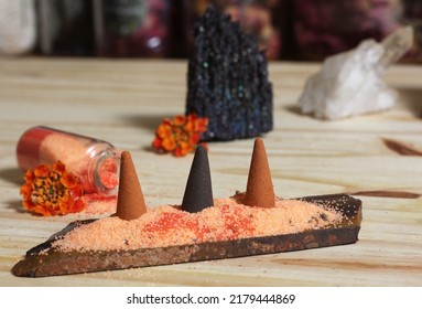 Rock Crystals With Incense And Stone Pyramid Meditation Altar