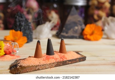 Rock Crystals With Incense And Stone Pyramid Meditation Altar