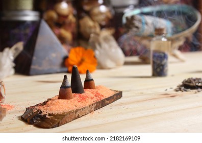 Rock Crystals With Incense And Stone Pyramid Meditation Altar