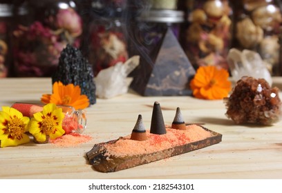 Rock Crystals With Incense And Stone Pyramid Meditation Altar