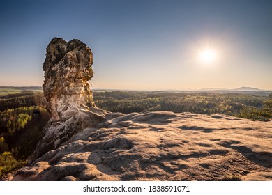 Rock formation called ,,Capska palice,,, above the deep forest of Kokorinsko, Czech. - Shutterstock ID 1838591071