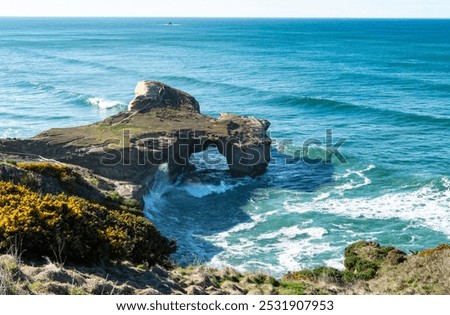 Rock formation on a beach dramatic beautiful Tunnel Beach Dunedin famous blue calm waves 