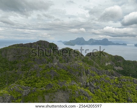 Similar – Image, Stock Photo Miniloc Island with limestone cliffs. Aerial drone panoramic picture. Bacuit Archipelago, El Nido, Palawan, Philippines