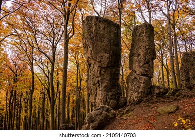 Rock formation “Adam und Eva” on the Ith Ridge in autumn, a well-known landmark on the Ith-Hils hiking trail, Weser Uplands, Lower Saxony, Germany