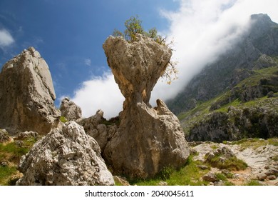 Rock Formations Or Pilar Beside A Well-known Hiking Route Through A Narrow And Steep Gorge With A Carved Hiking Trail Along The River Cares