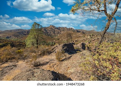 Rock formations in Pinnacles National Park, in California, the destroyed remains of an extinct volcano on the San Andreas Fault. Beautiful landscapes, cozy hiking trails for tourists and travelers.