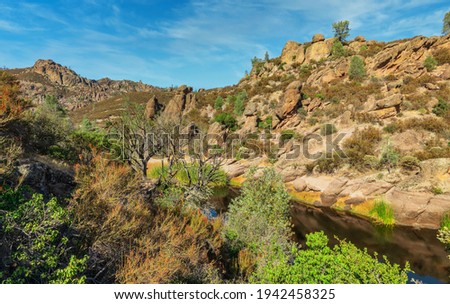 Rock formations in Pinnacles National Park, in California, the destroyed remains of an extinct volcano on the San Andreas Fault. Beautiful landscapes, cozy hiking trails for tourists and travelers.