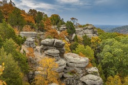 Rock Formations Rise Above The Colorful Autumn Trees At Garden Of The Gods In The Shawnee National Forest.