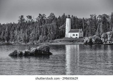 Rock Harbor Lighthouse, Isle Royale National Park, Michigan, Black And White.