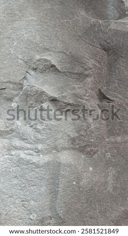 The rock has a rough, weathered texture with cracks, indentations, and protrusions.Its gray surface varies in tone, with small lichen patches.Light and shadow enhance its rugged, threedimensional look