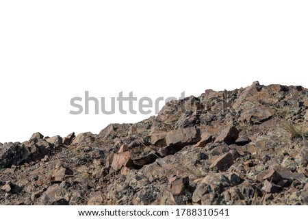 Rock mountain slope foreground close-up isolated on white background. Element for matte painting, copy space.