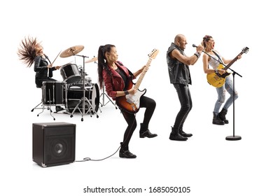 Rock music band with guitarists, drummer and a singer isolated on white background - Powered by Shutterstock