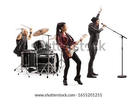 Rock music band performing with a female front singer isolated on white background
