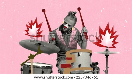 Rock music. Contemporary art collage of young excited man, drummer playing drawn drums over pink background. Concept of music lifestyle, creativity, inspiration, imagination, ad