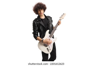 Rock musician in a black leather jacket playing an electric guitar isolated on white background - Powered by Shutterstock