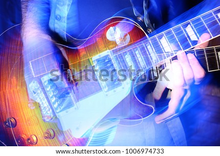 rock n roll music, creativity, passion concept. bright mixed photos of rock guitar in brutish hands of male musician, that is preforming compositions on the scene