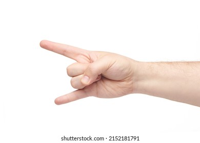 Rock on hand gesture isolated on white background. Brutal man's palm showing heavy metal gesture. Finger gestures.