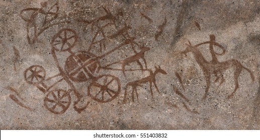 Rock Painting. Drawing On The Cave Wall Paint Ocher. Neanderthal, Native, Old Man, Hunter Animals, Ancient Wagon. Stone Age Ice Age, Anthropology.