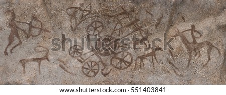 rock painting. drawing on the cave wall paint ocher. Neanderthal, native, old man, hunter, animals, ancient wagon. Stone Age Ice Age, anthropology. prehistoric man