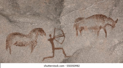 rock painting  ocher paint the image the cave walls  Neanderthal  an ancient man  hunter  rhinos   animals horses  Stone Age Ice Age  anthropology  primitive