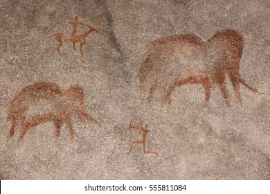 Rock Paintings Of Ancient People. On The Rock Wall Of The Cave. Neanderthal, Caveman, Primitive Man. Hunters Hunted Mammoths. Stone Age Ice Age, Anthropology.