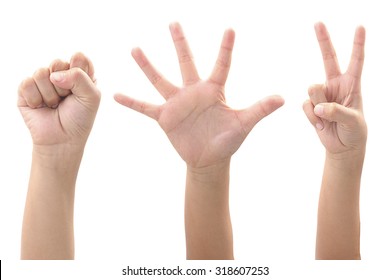 Rock Paper Scissors. Kid Hands On White Background. Win And Loss Concept. Rock Kid Hands.Paper Kid Hand. Scissors Kid Hands. Kid Hands Bussiness Concept. Kid Hands Finance Concept. Kid Hand Education.