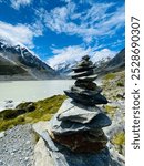 Rock pile over the Hooker Lake at Mount Cook, New Zealand 