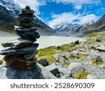 Rock pile over the Hooker Lake at Mount Cook, New Zealand 