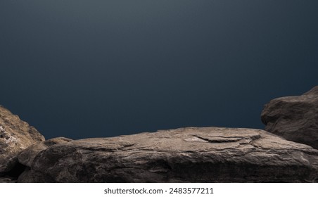 Rock Podium stand display product, Show cosmetics with studio blue light wall room background well free space for text, Cliff Brown stone clipping path 