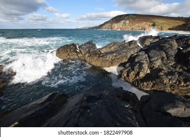 Rock pool and breaking waves at Boat Cove Pendeen Cornish Coast