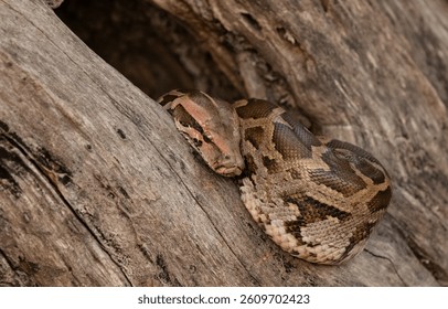 Rock Python (Python sebae) taking sunbath on tree.