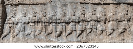 Rock relief, depicting the twelve Hittite gods of the Underworld in Yazilikaya, a sanctuary of Hattusa. Near Bogazkale, Corum, Turkey