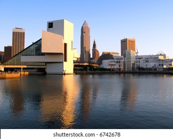 Rock And Roll Hall Of Fame And Cleveland Skyline At Sunset.