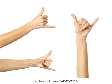 Rock and Roll. Multiple images set of female caucasian hand with french manicure showing Rock and Roll gesture isolated over white background