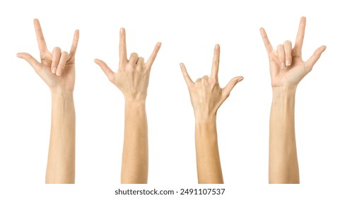 Rock and Roll. Multiple images set of female caucasian hand with french manicure showing Rock and Roll gesture isolated over white background - Powered by Shutterstock