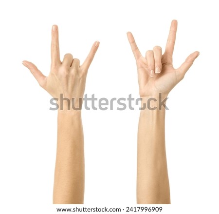 Rock and Roll. Multiple images set of female caucasian hand with french manicure showing Rock and Roll gesture isolated over white background