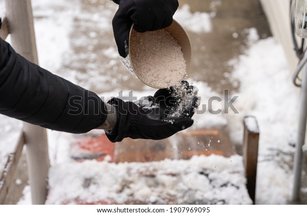 rock salt ice melt is being spread on\
your walkway to melt the ice and snow from your\
path