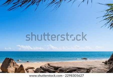 Rock, Sand Stone beach seaside with green leaves and blue sea Sky summer landscape daylight background well Space rock stand, Podium for montage Display product Backgrounds 